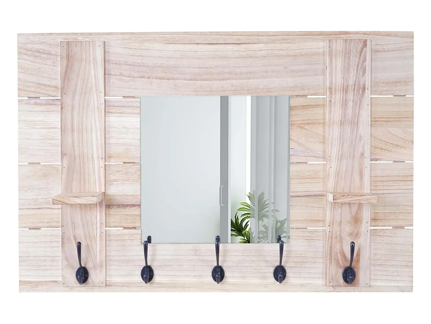 Perchero de pared MCW-C89 con espejo, Perchero de pared MCW-C89 con espejo, panel para percheros, estilo vintage desgastado, 5 ganchos, 90 x 60 cm, marrón natural