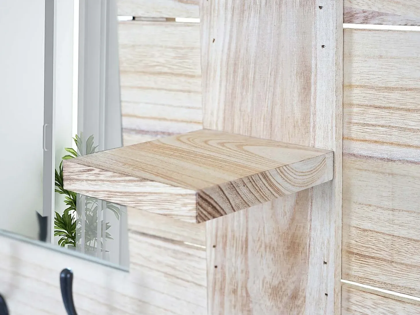 Perchero de pared MCW-C89 con espejo, Perchero de pared MCW-C89 con espejo, panel para percheros, estilo vintage desgastado, 5 ganchos, 90 x 60 cm, marrón natural