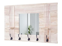 Perchero de pared MCW-C89 con espejo, Perchero de pared MCW-C89 con espejo, panel para percheros, estilo vintage desgastado, 5 ganchos, 90 x 60 cm, marrón natural