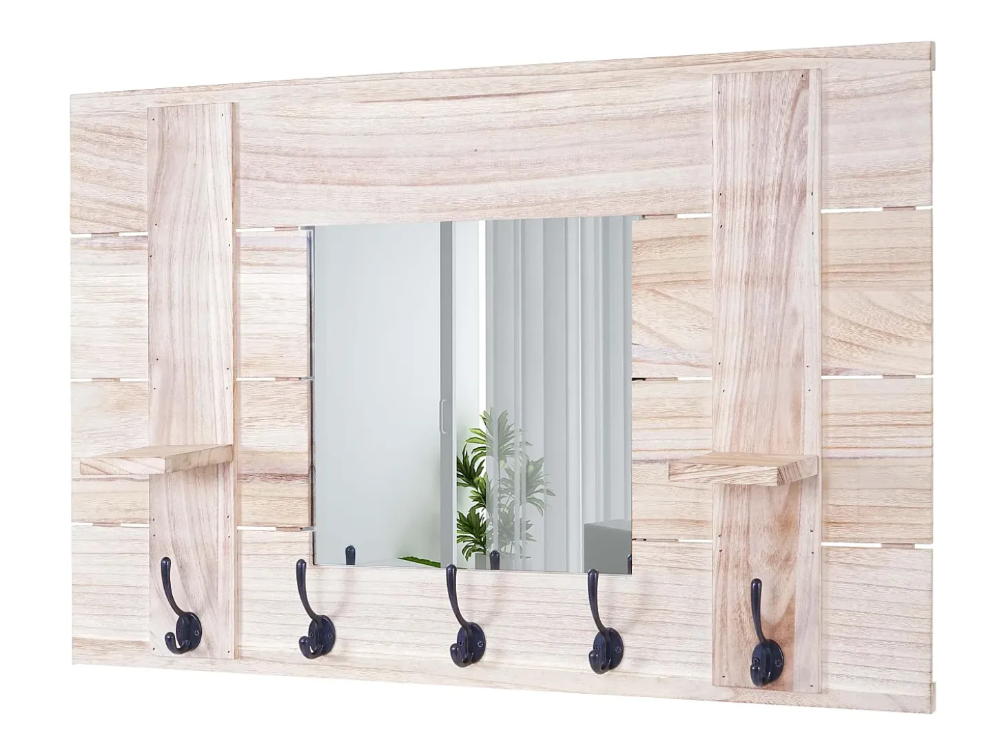 Perchero de pared MCW-C89 con espejo, Perchero de pared MCW-C89 con espejo, panel para percheros, estilo vintage desgastado, 5 ganchos, 90 x 60 cm, marrón natural