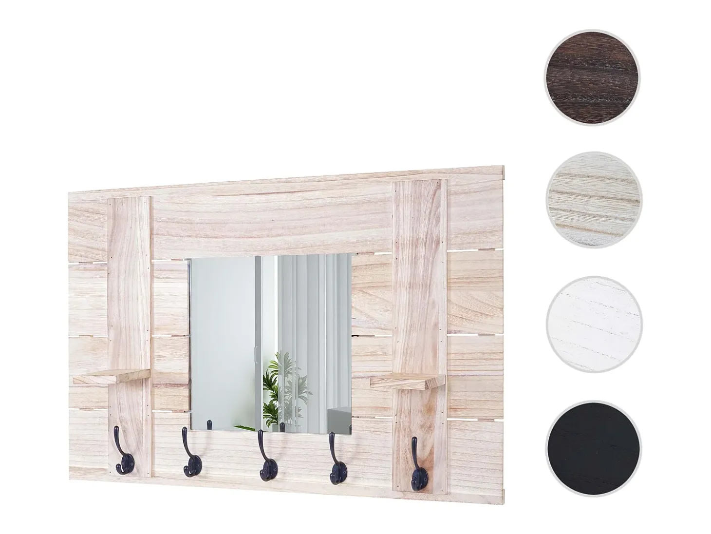 Perchero de pared MCW-C89 con espejo, Perchero de pared MCW-C89 con espejo, panel para percheros, estilo vintage desgastado, 5 ganchos, 90 x 60 cm, marrón natural