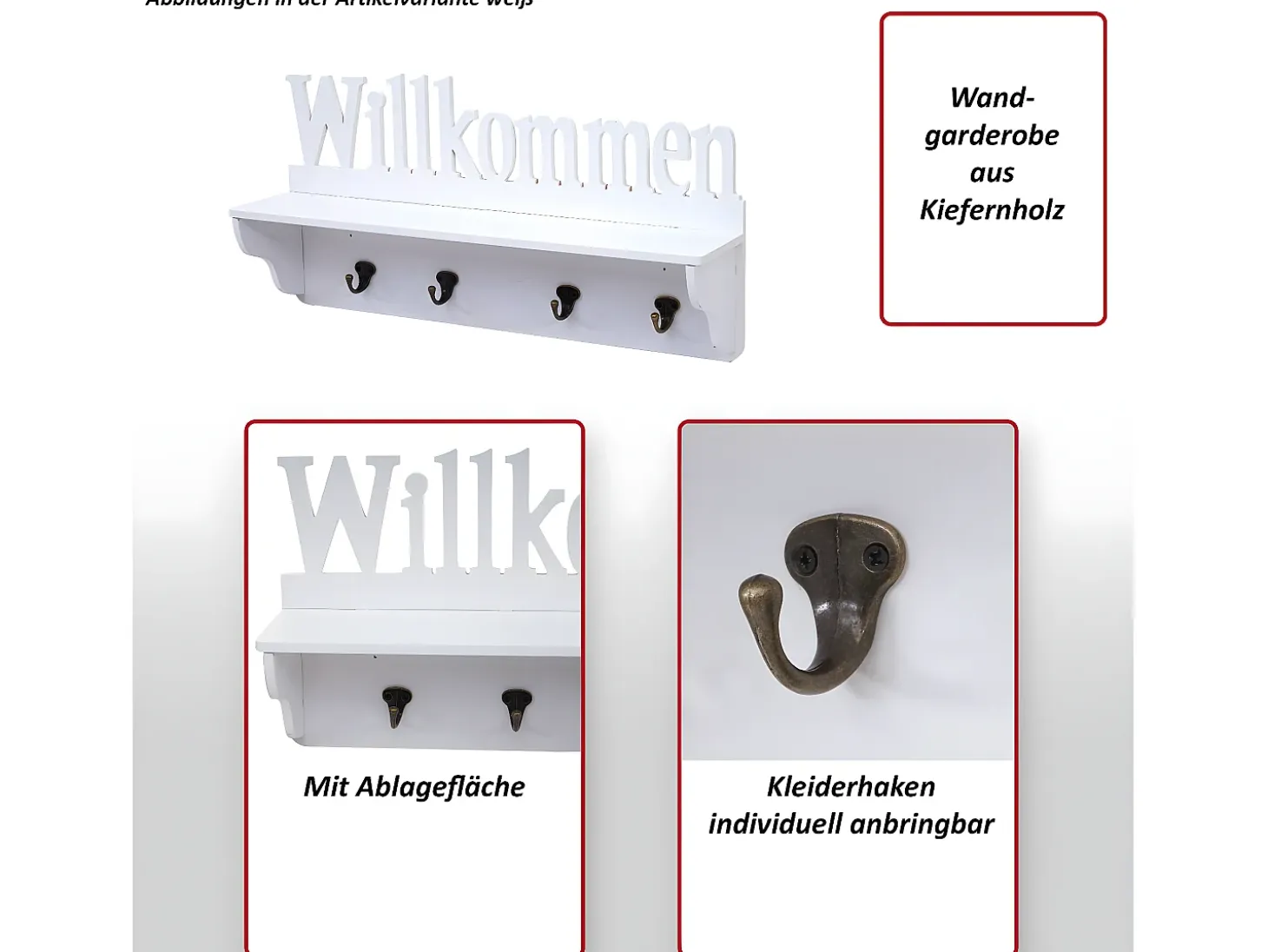 Perchero de pared MCW-D41 Welcome 4 ganchos, blanco/negro