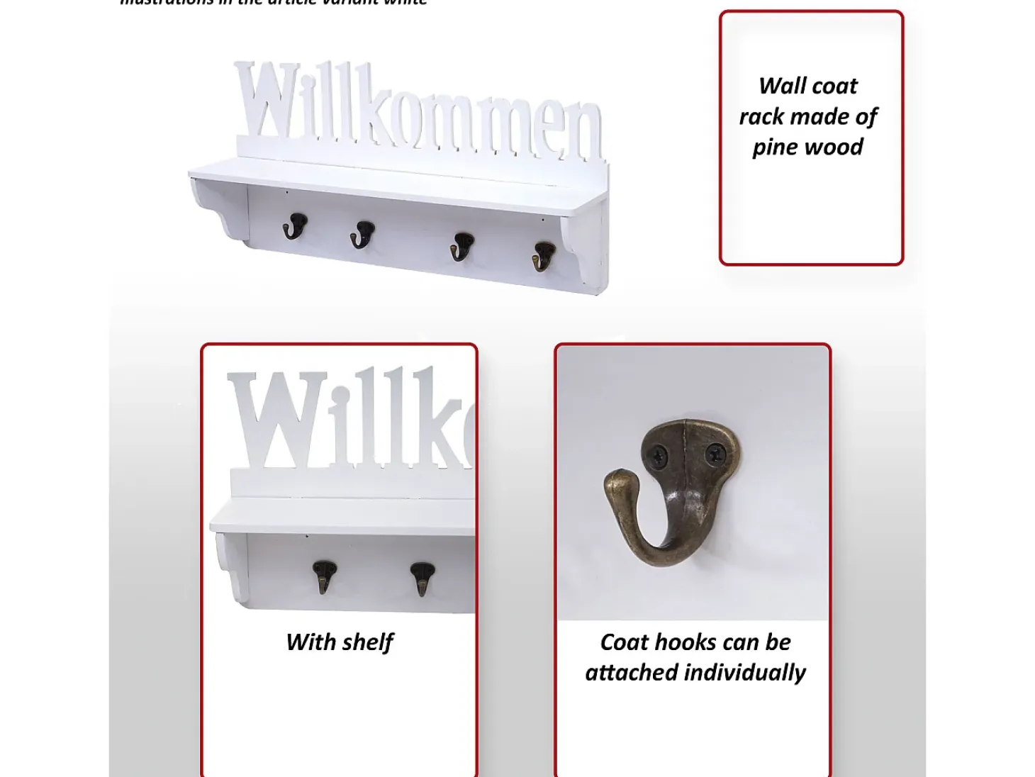 Perchero de pared MCW-D41 Welcome 4 ganchos, blanco/negro