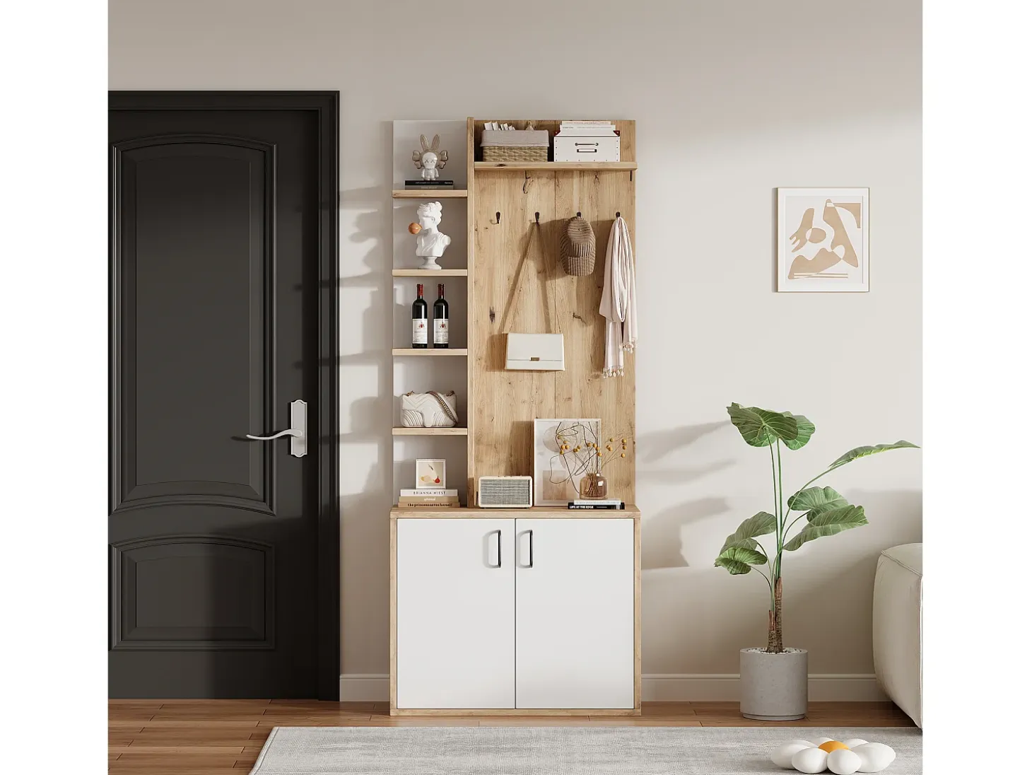 Perchero de pasillo con almacenaje y estantes integrados, madera natural y blanco (75x33x180cm)