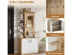 Perchero de pasillo con almacenaje y estantes integrados, madera natural y blanco (75x33x180cm)