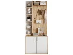 Perchero de pasillo con almacenaje y estantes integrados, madera natural y blanco (75x33x180cm)