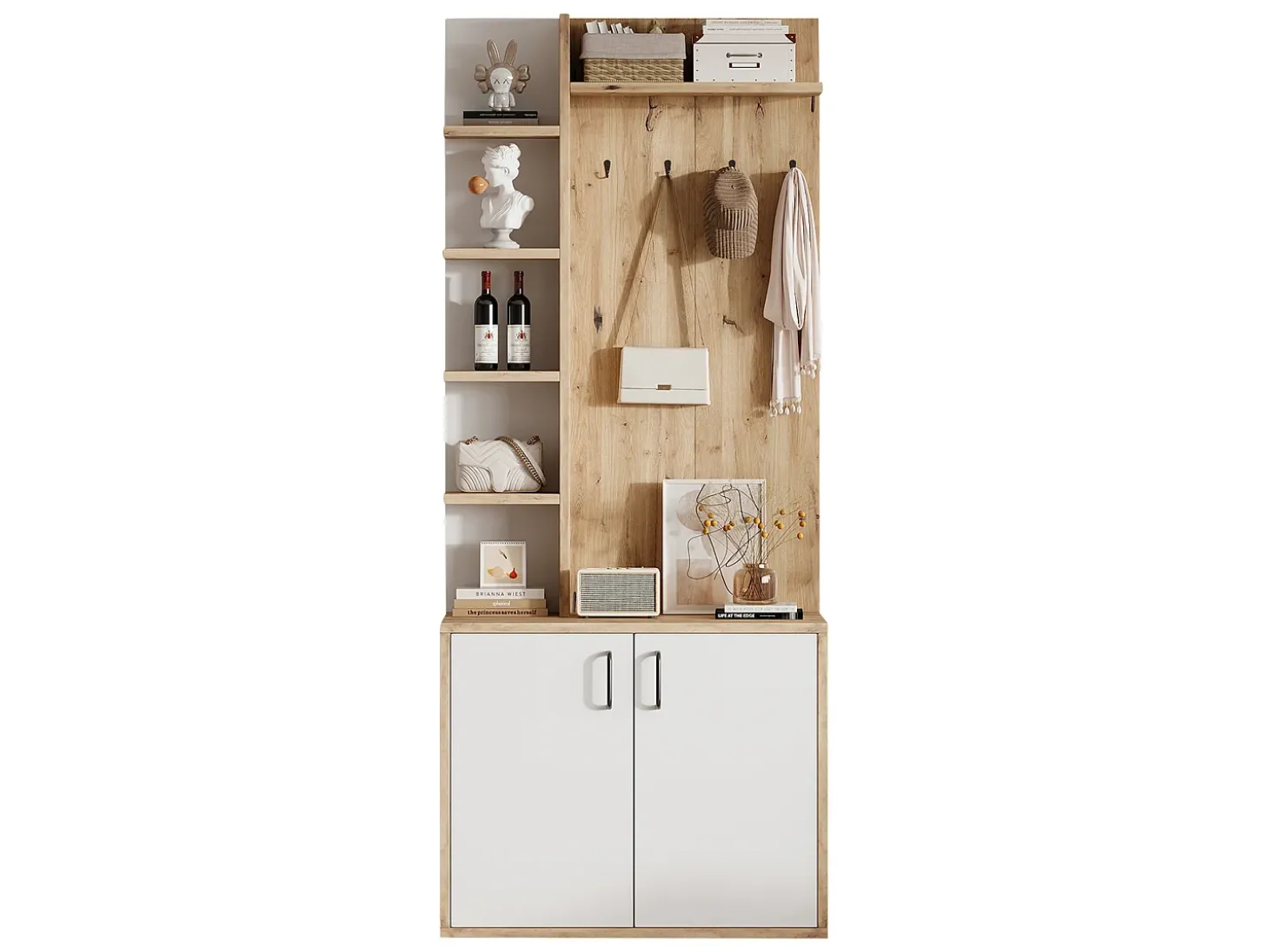Perchero de pasillo con almacenaje y estantes integrados, madera natural y blanco (75x33x180cm)