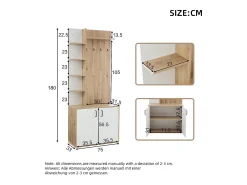 Perchero de pasillo con almacenaje y estantes integrados, madera natural y blanco (75x33x180cm)