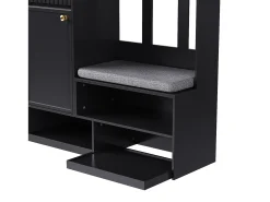 Perchero de pasillo con banco tapizado, 4 ganchos, cajones y puertas - negro - 100x35x180 cm