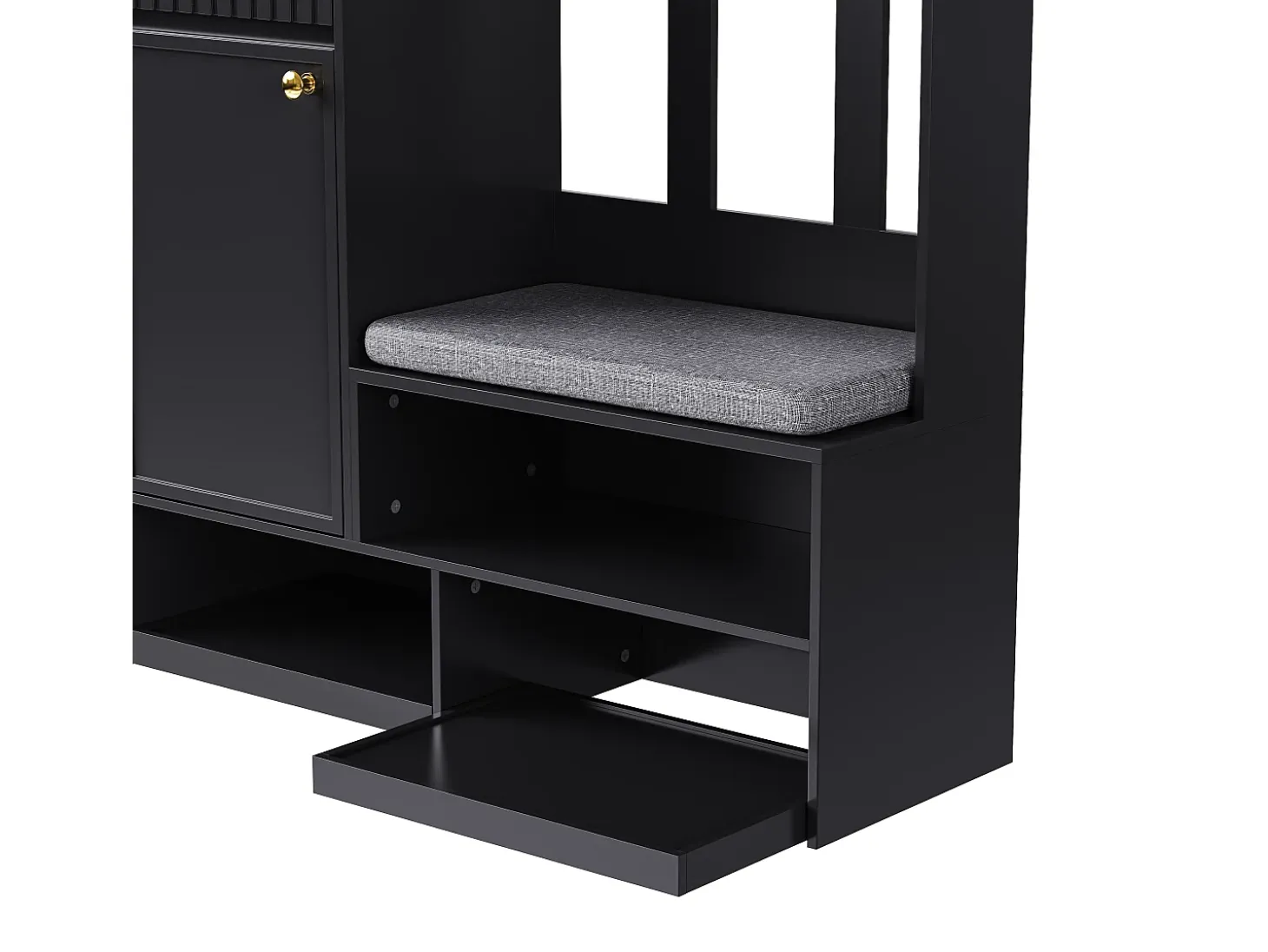 Perchero de pasillo con banco tapizado, 4 ganchos, cajones y puertas - negro - 100x35x180 cm