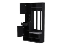 Perchero de pasillo con banco tapizado, 4 ganchos, cajones y puertas - negro - 100x35x180 cm