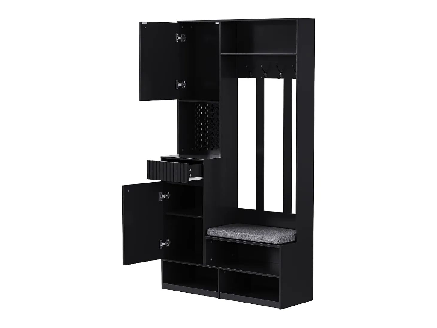 Perchero de pasillo con banco tapizado, 4 ganchos, cajones y puertas - negro - 100x35x180 cm