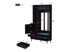 Perchero de pasillo con banco tapizado, 4 ganchos, 2 cajones - negro - 100x35x180 cm