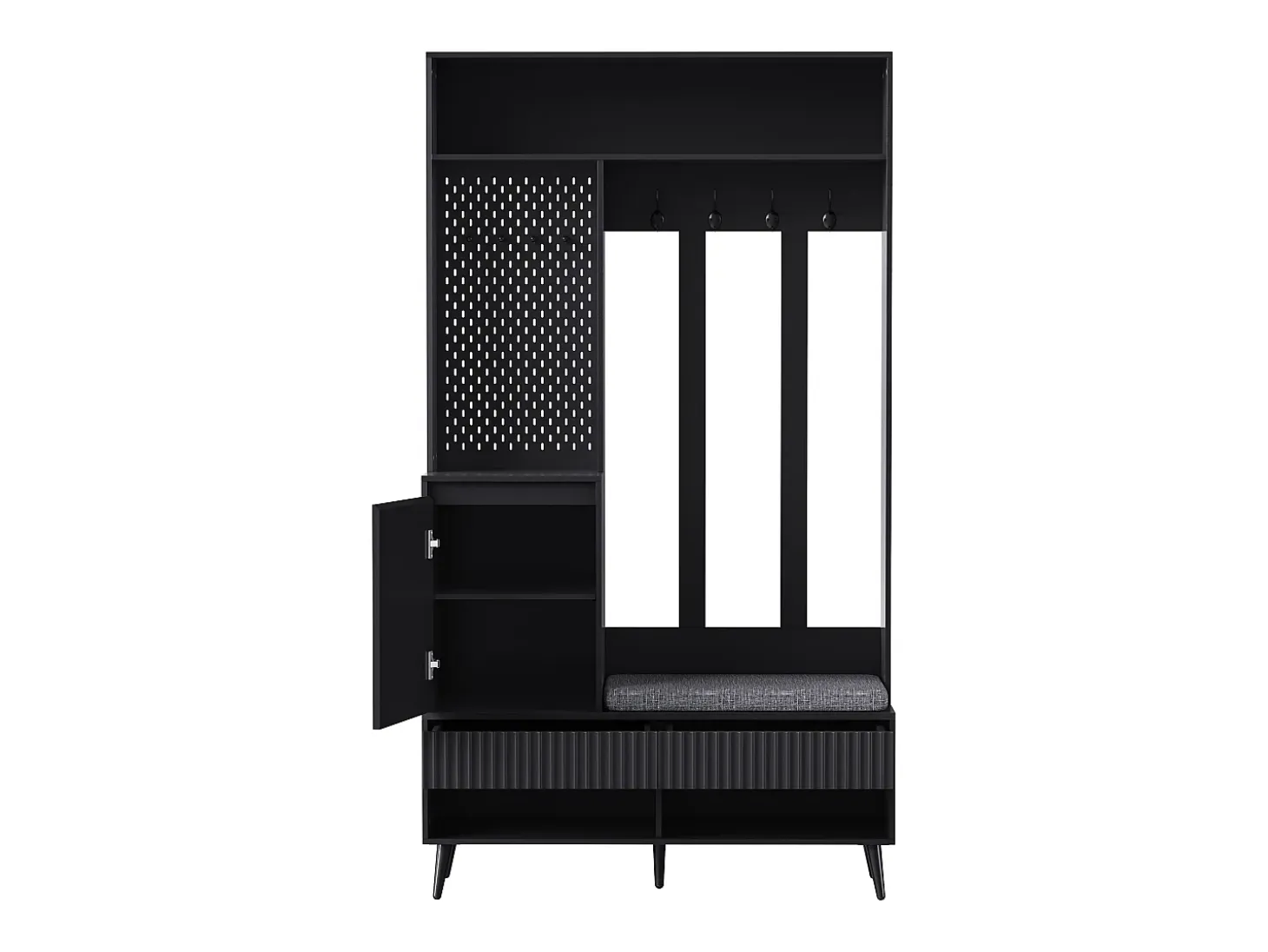 Perchero de pasillo con banco tapizado, 4 ganchos, 2 cajones - negro - 100x35x180 cm