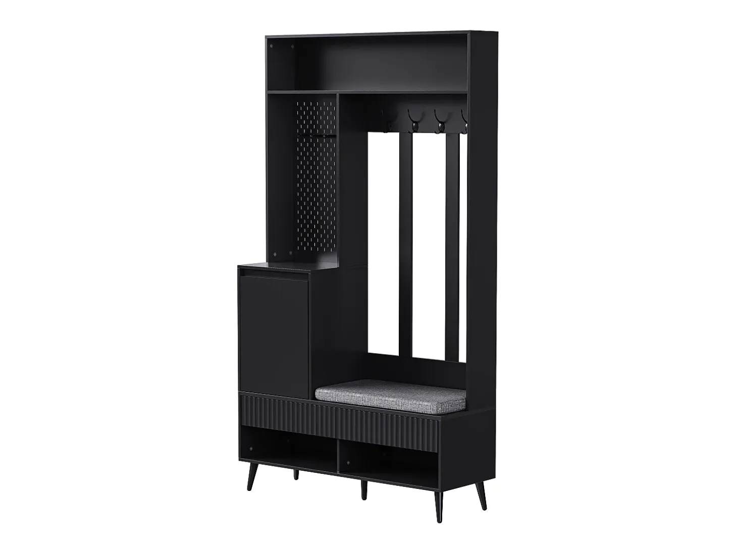 Perchero de pasillo con banco tapizado, 4 ganchos, 2 cajones - negro - 100x35x180 cm