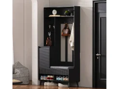 Perchero de pasillo con banco tapizado, 4 ganchos, 2 cajones - negro - 100x35x180 cm
