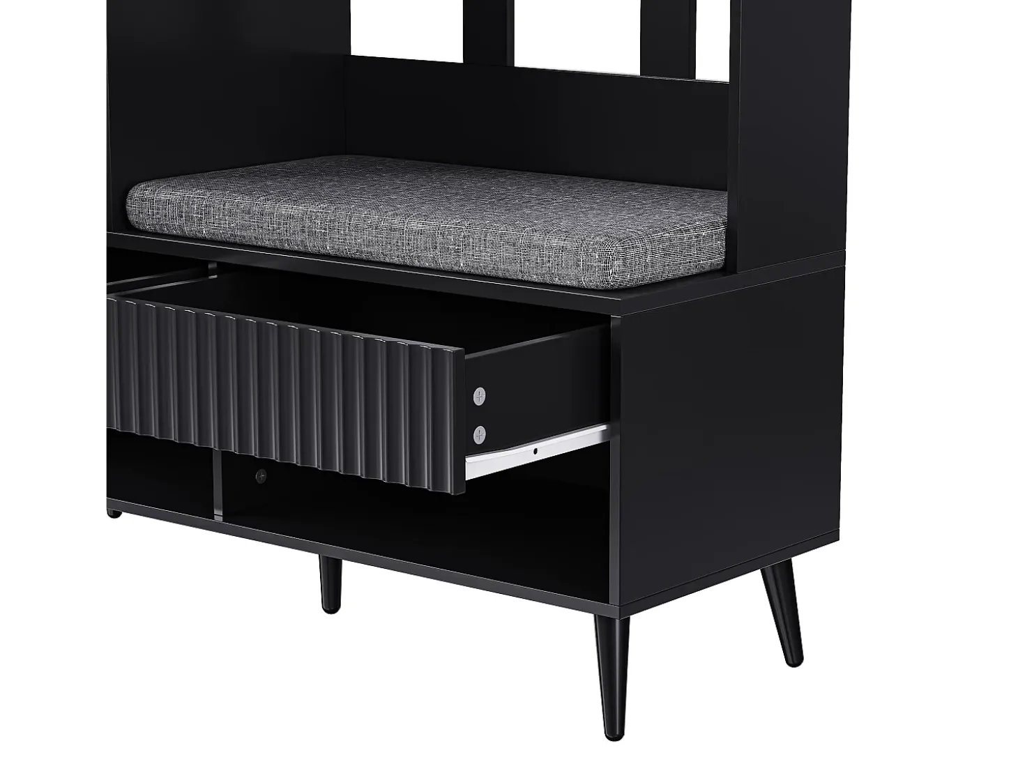 Perchero de pasillo con banco tapizado, 4 ganchos, 2 cajones - negro - 100x35x180 cm