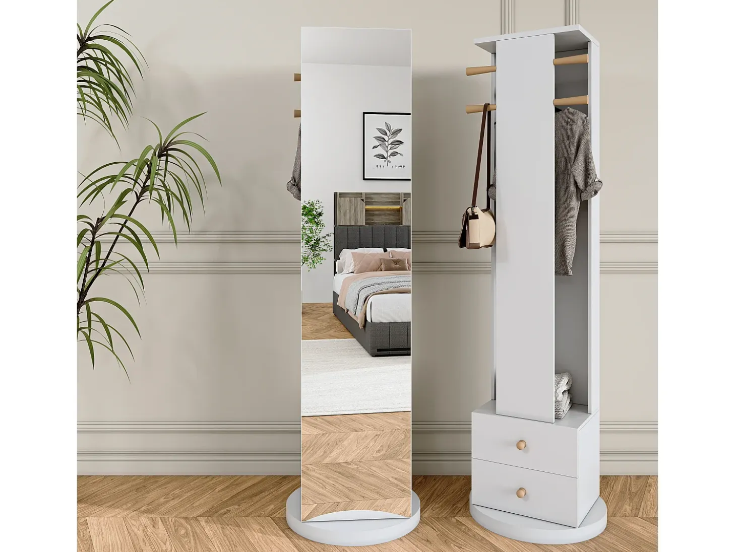 Perchero de pie de madera maciza con cajón para espejo y sombrero – Blanco