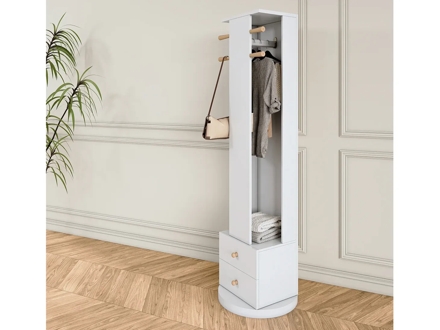 Perchero de pie de madera maciza con cajón para espejo y sombrero – Blanco
