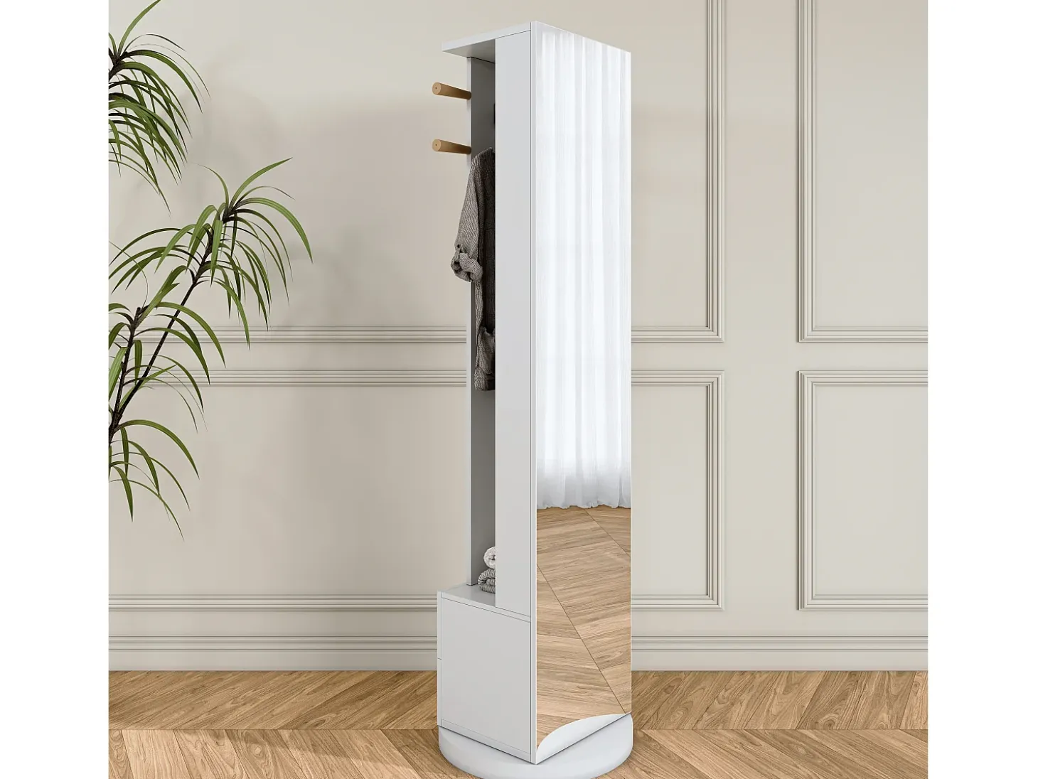 Perchero de pie de madera maciza con cajón para espejo y sombrero – Blanco