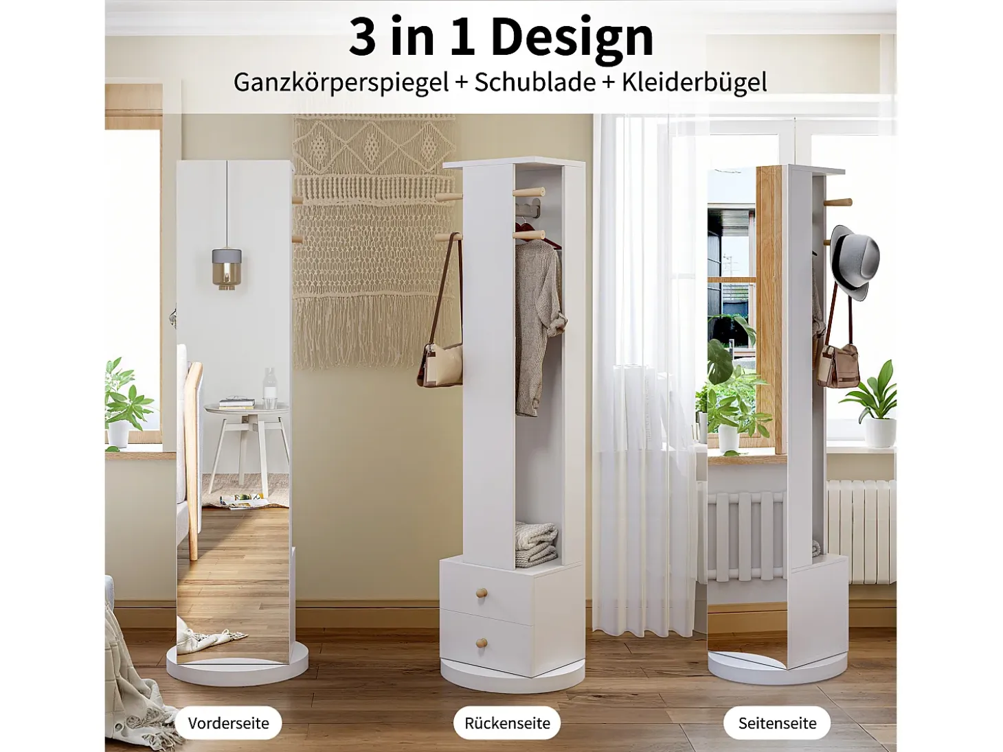 Perchero de pie de madera maciza con cajón para espejo y sombrero – Blanco