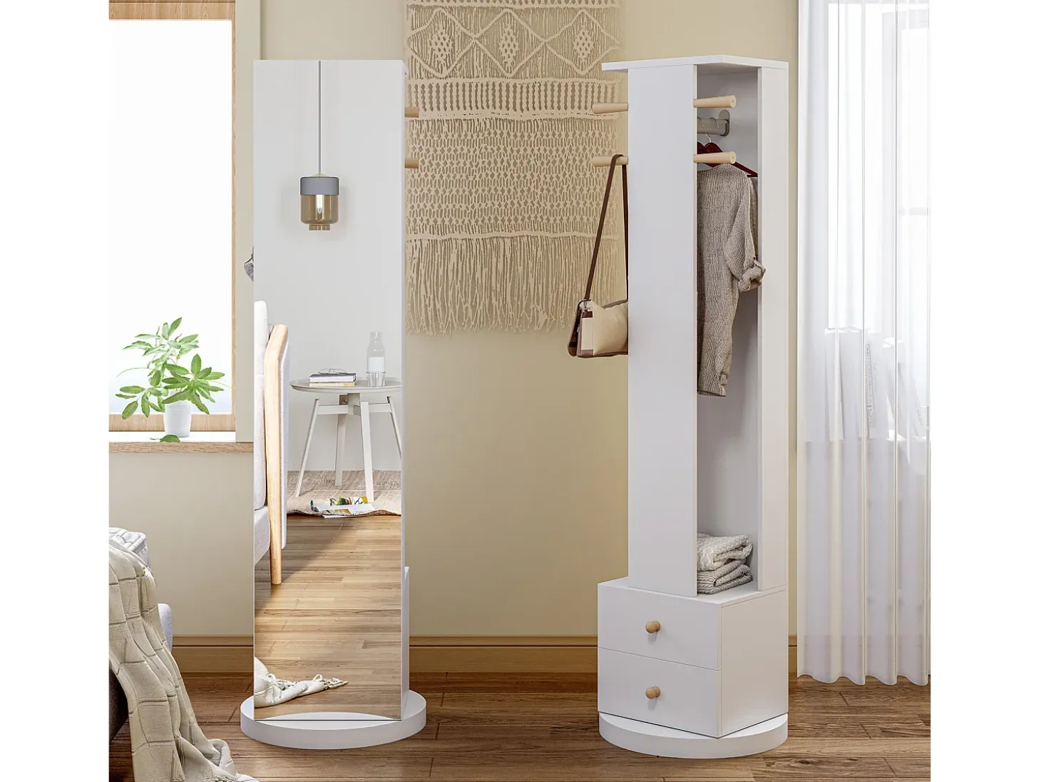 Perchero de pie de madera maciza con cajón para espejo y sombrero – Blanco