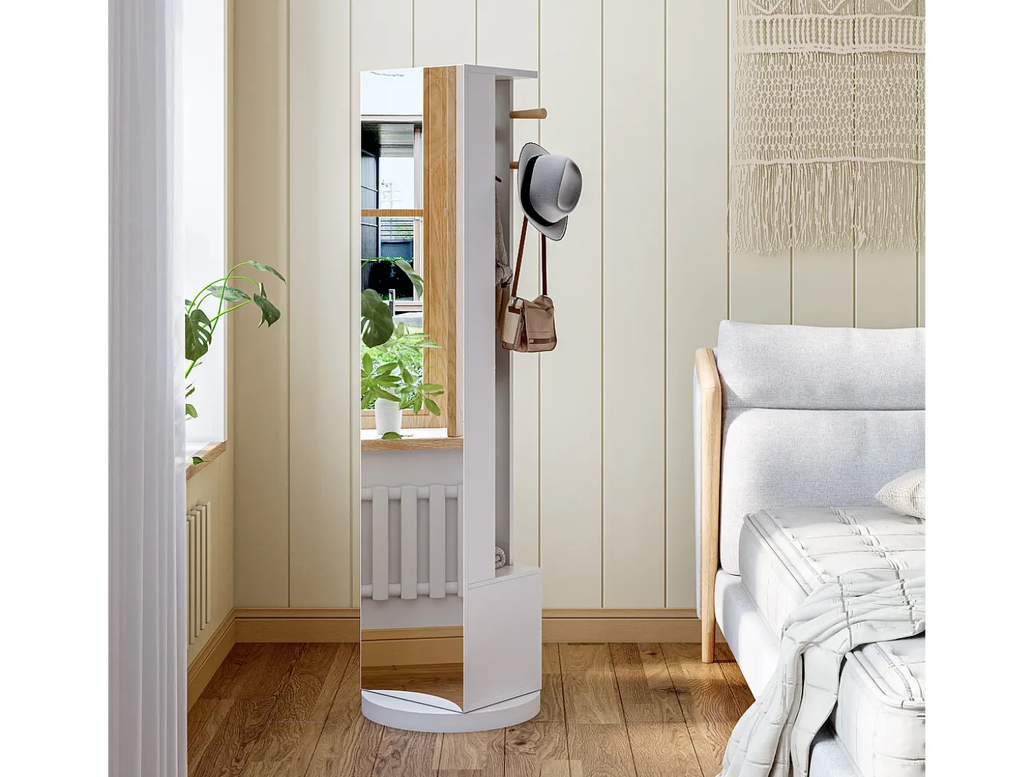 Perchero de pie de madera maciza con cajón para espejo y sombrero – Blanco