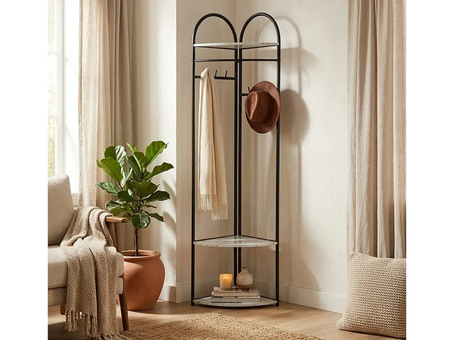 Perchero esquinero de pie compacto para recibidor con estantes Shiney - Negro