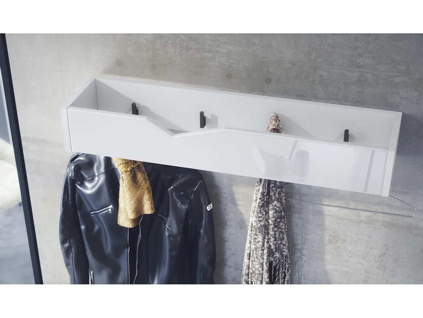 Perchero gancho de pared panel para colgar ropa Kolmio, cuerpo en blanco mate, frente en blanco de alto brillo 83,5 x 12,5 x 21 cm