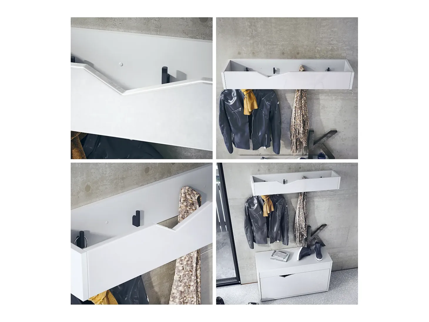 Perchero gancho de pared panel para colgar ropa Kolmio, cuerpo en blanco mate, frente en blanco de alto brillo 83,5 x 12,5 x 21 cm