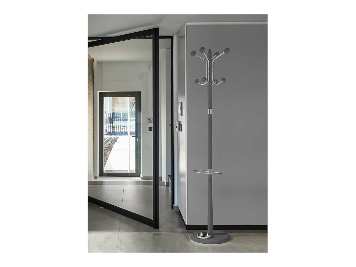 Perchero mod. 421 con paragüero herrajes en cromo satinado lacado gris, 180 cm(alto)37 cm