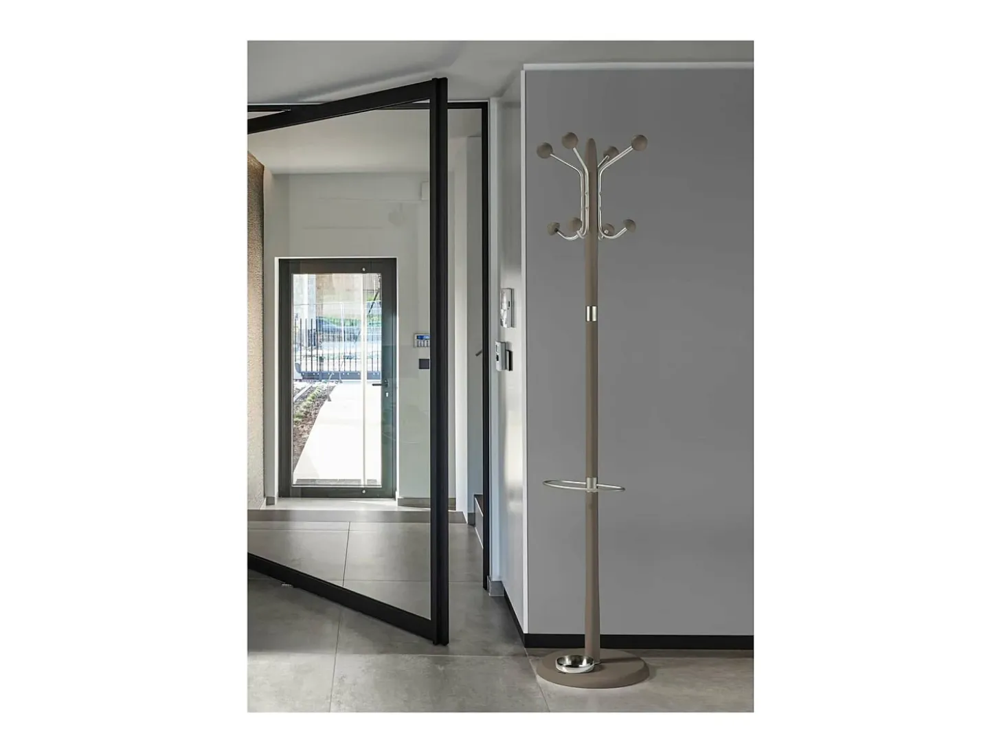 Perchero mod. 421 con paragüero herrajes en cromo satinado lacado moka, 180 cm(alto)37 cm