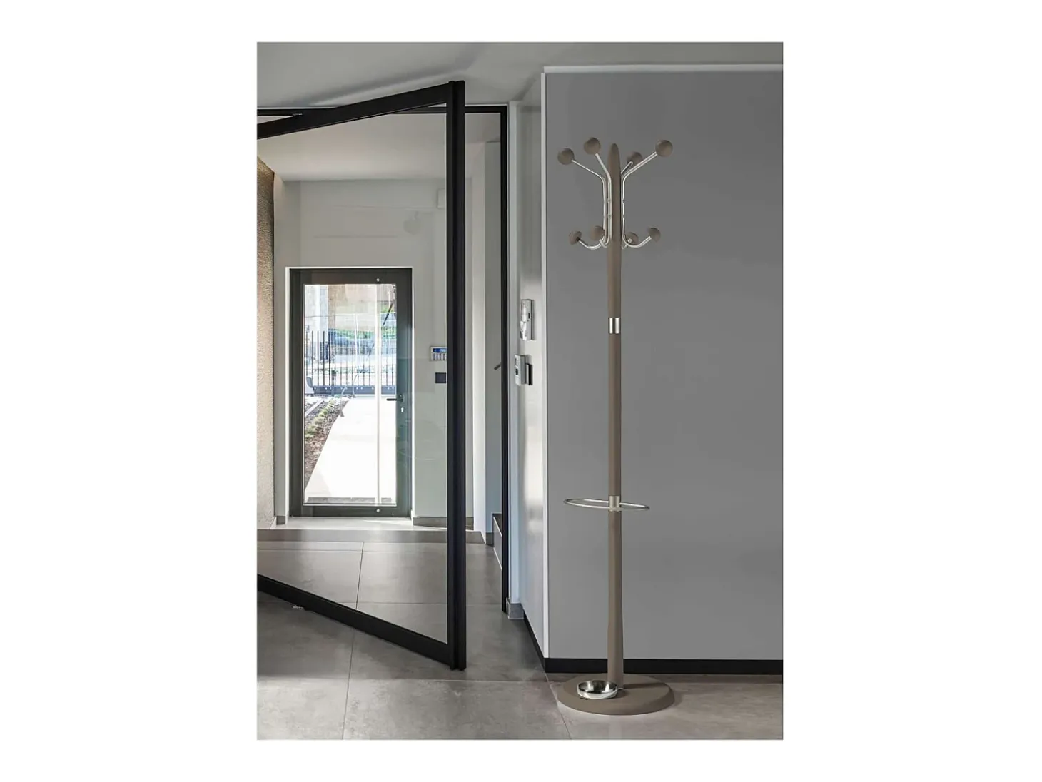 Perchero mod. 421 con paragüero herrajes en cromo satinado lacado moka, 180 cm(alto)37 cm