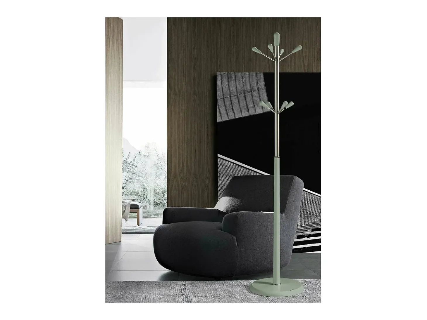 Perchero moderno mod. 414 herrajes cromo satinado lacado verde, 180 cm(alto)37 cm(ancho)3