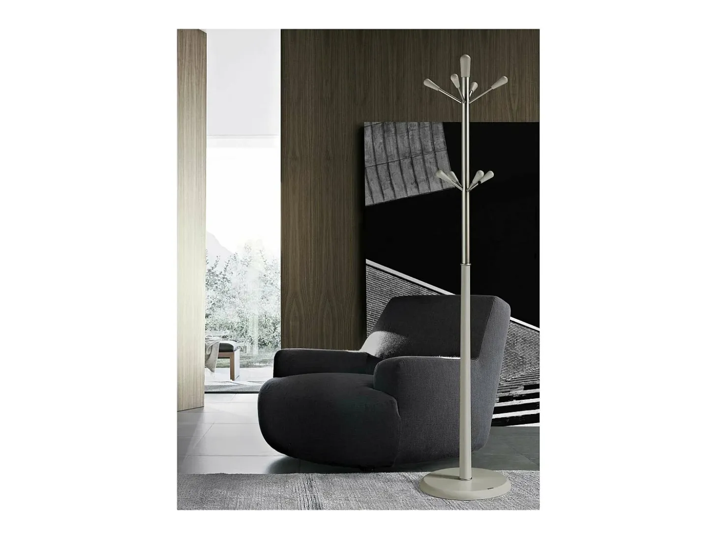 Perchero moderno mod. 414 herrajes cromo satinado lacado visón, 180 cm(alto)37 cm(ancho)