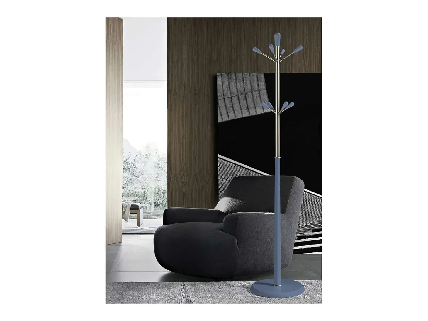 Perchero moderno mod. 414 herrajes cromo satinado lacado azul, 180 cm(alto)37 cm(ancho)37