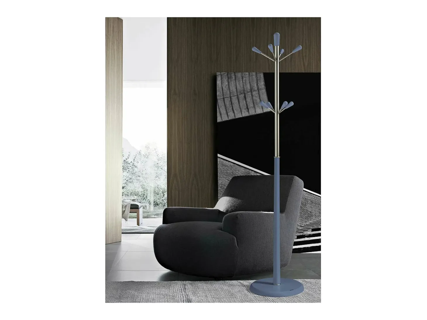 Perchero moderno mod. 414 herrajes cromo satinado lacado azul, 180 cm(alto)37 cm(ancho)37