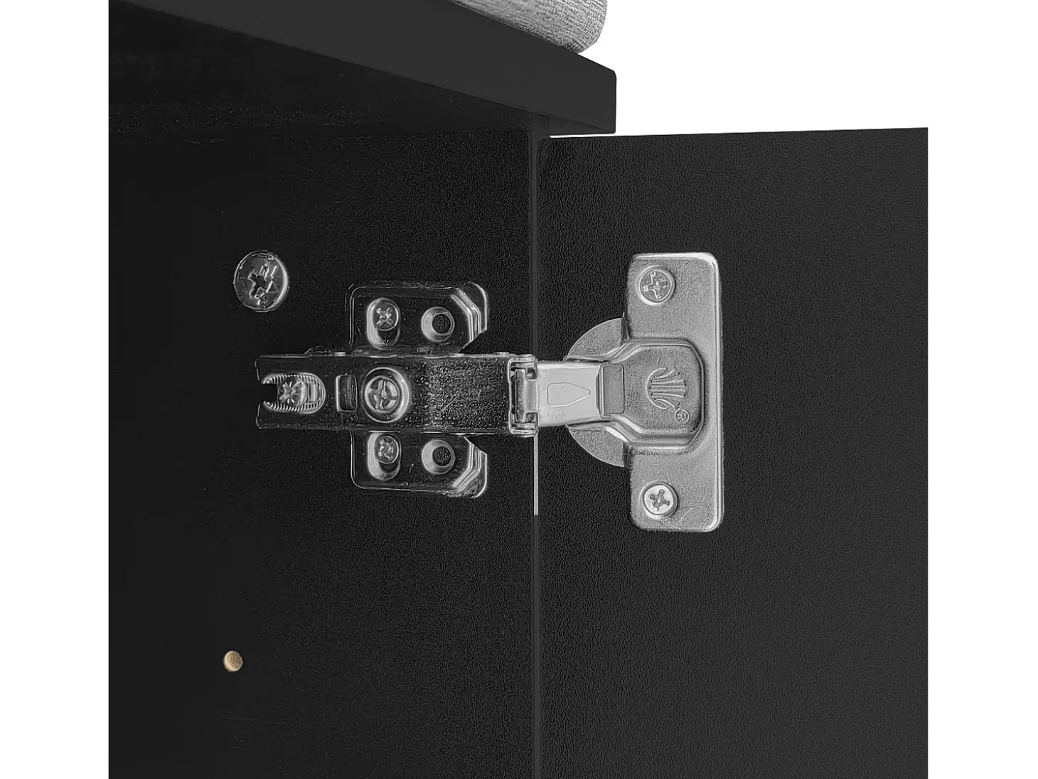 Perchero negro con banco para zapatos - Puertas onduladas, ganchos dorados y estantes ajustables - Muebles modernos para recibidor