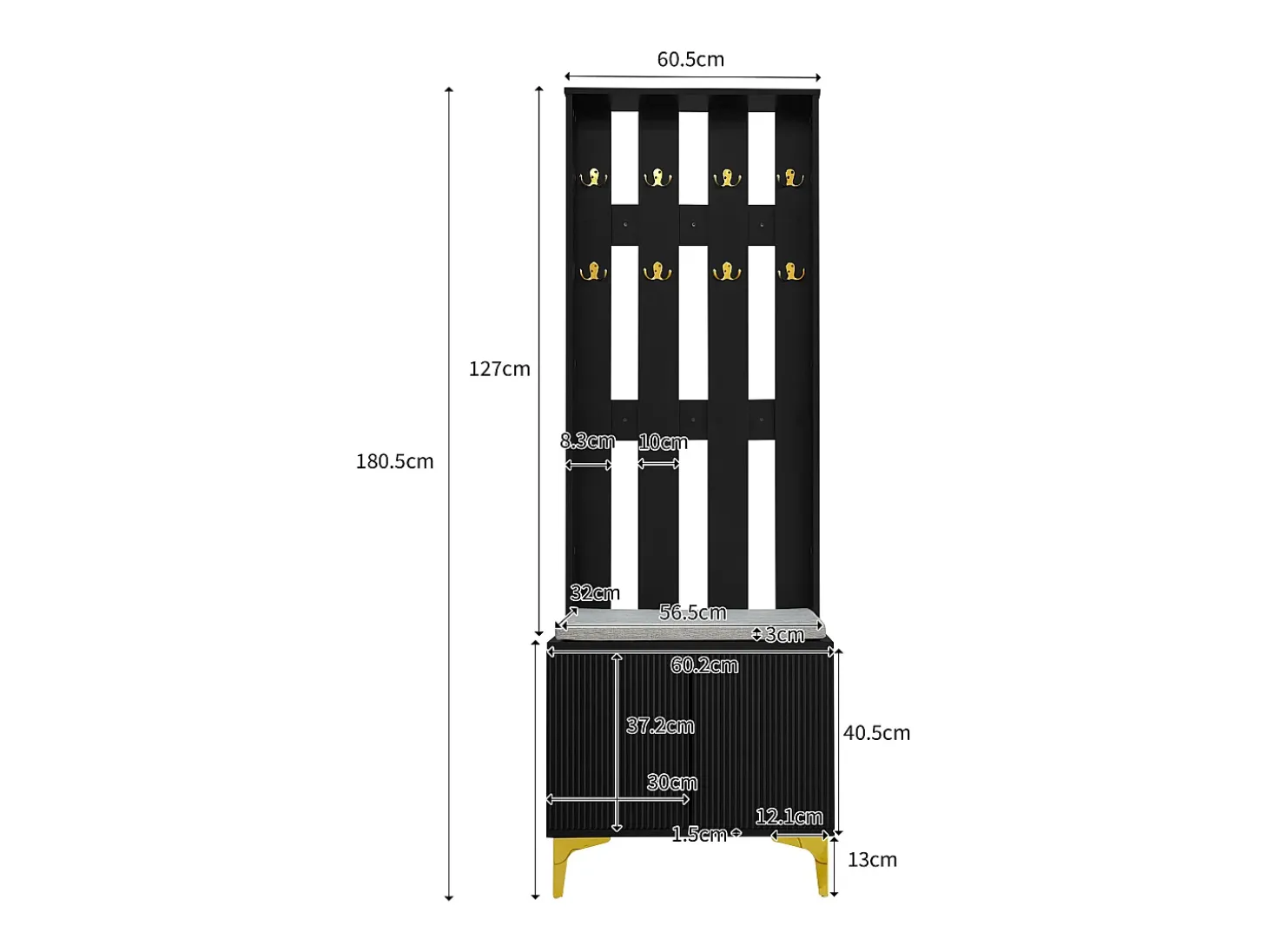 Perchero negro con banco para zapatos - Puertas onduladas, ganchos dorados y estantes ajustables - Muebles modernos para recibidor