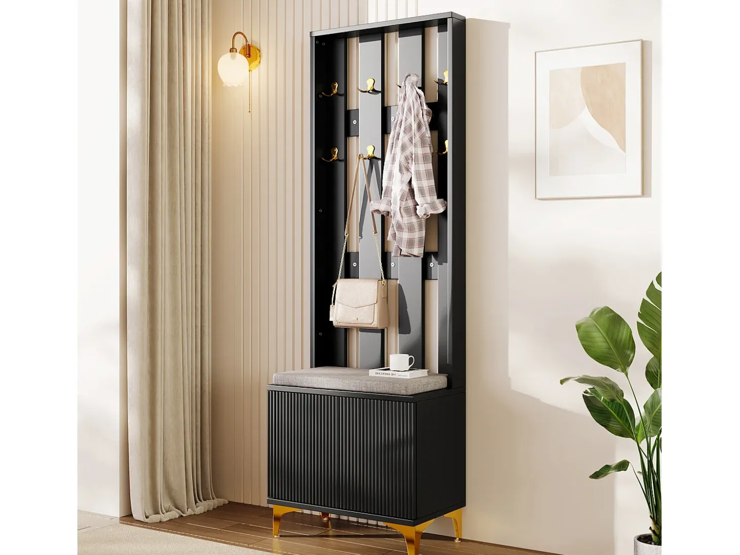 Perchero negro con banco para zapatos - Puertas onduladas, ganchos dorados y estantes ajustables - Muebles modernos para recibidor