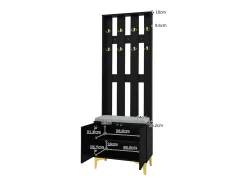 Perchero negro con banco para zapatos - Puertas onduladas, ganchos dorados y estantes ajustables - Muebles modernos para recibidor