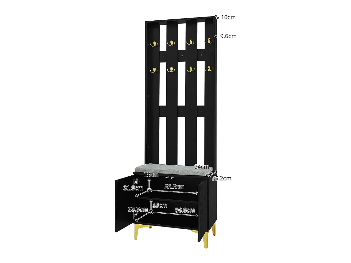 Perchero negro con banco para zapatos - Puertas onduladas, ganchos dorados y estantes ajustables - Muebles modernos para recibidor