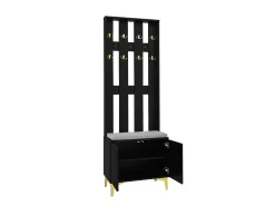 Perchero negro con banco para zapatos - Puertas onduladas, ganchos dorados y estantes ajustables - Muebles modernos para recibidor
