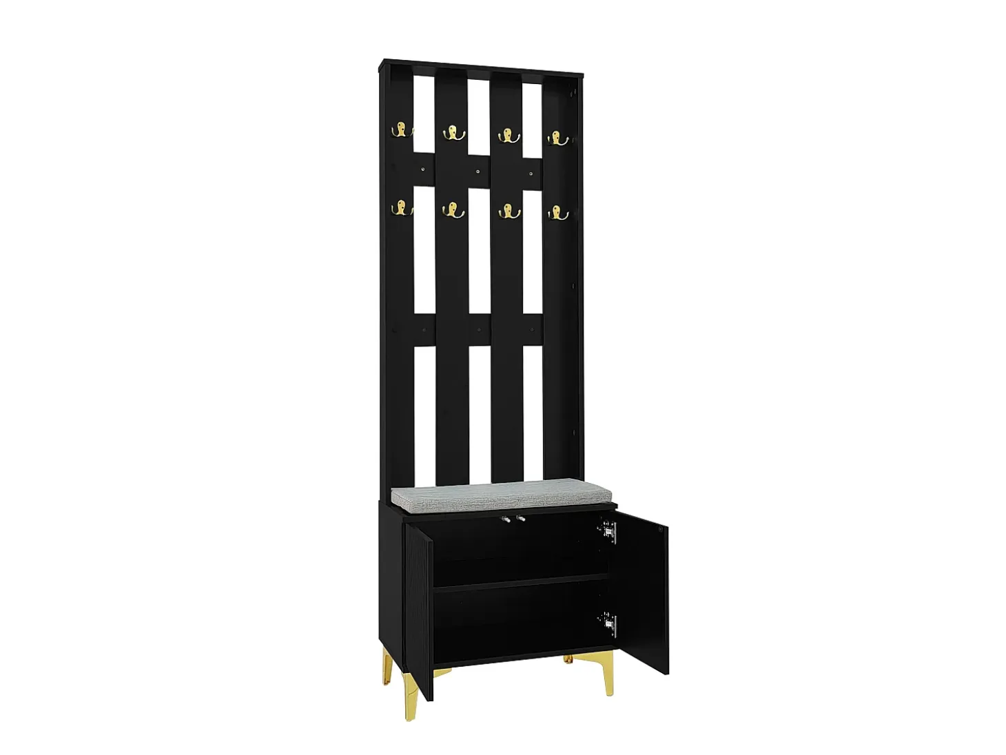 Perchero negro con banco para zapatos - Puertas onduladas, ganchos dorados y estantes ajustables - Muebles modernos para recibidor