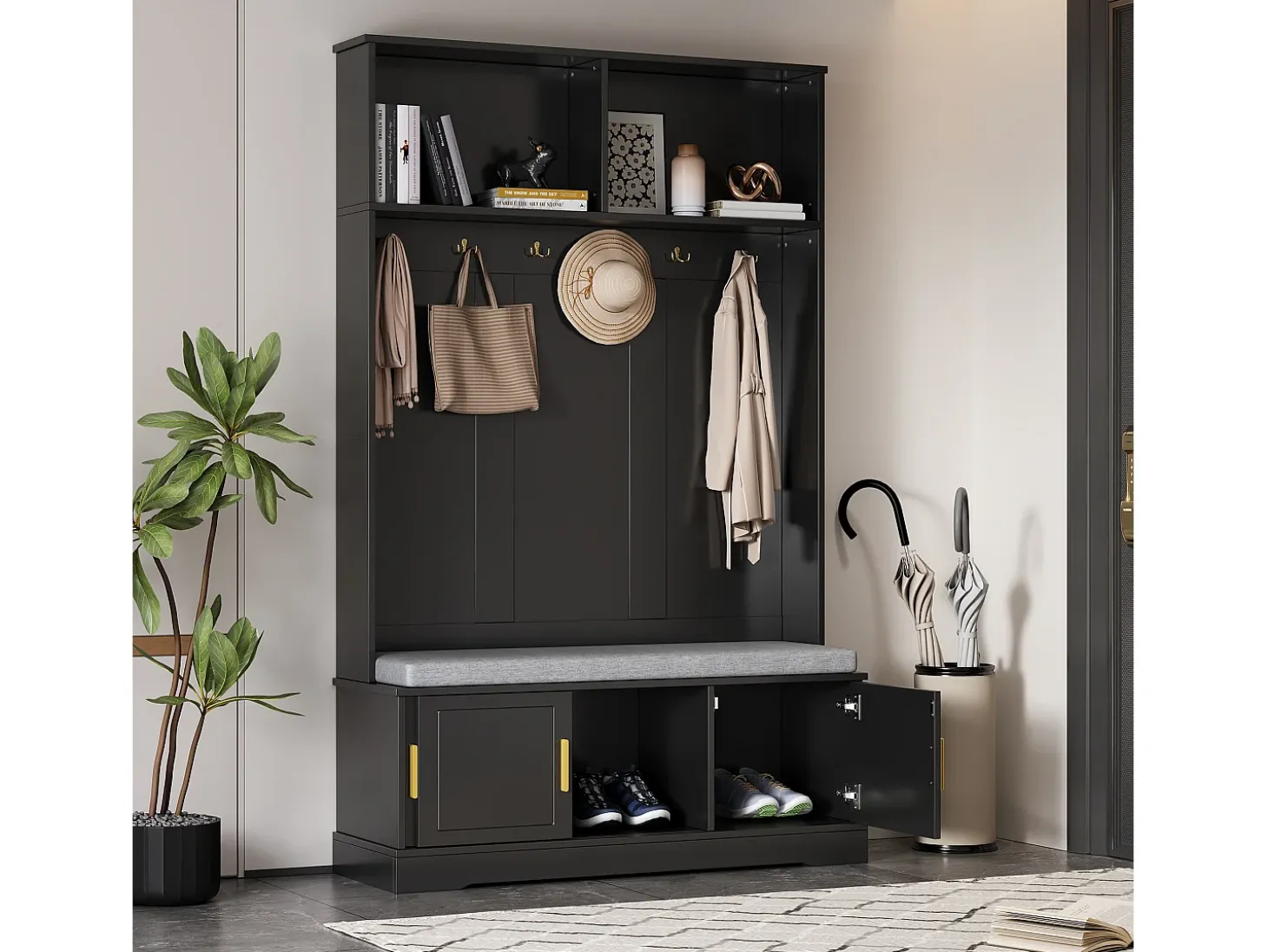 Perchero negro con banco zapatero, 6 ganchos y espacio de almacenamiento - Mueble de entrada compacto