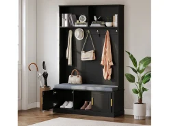 Perchero negro con banco zapatero, 6 ganchos y espacio de almacenamiento - Mueble de entrada compacto