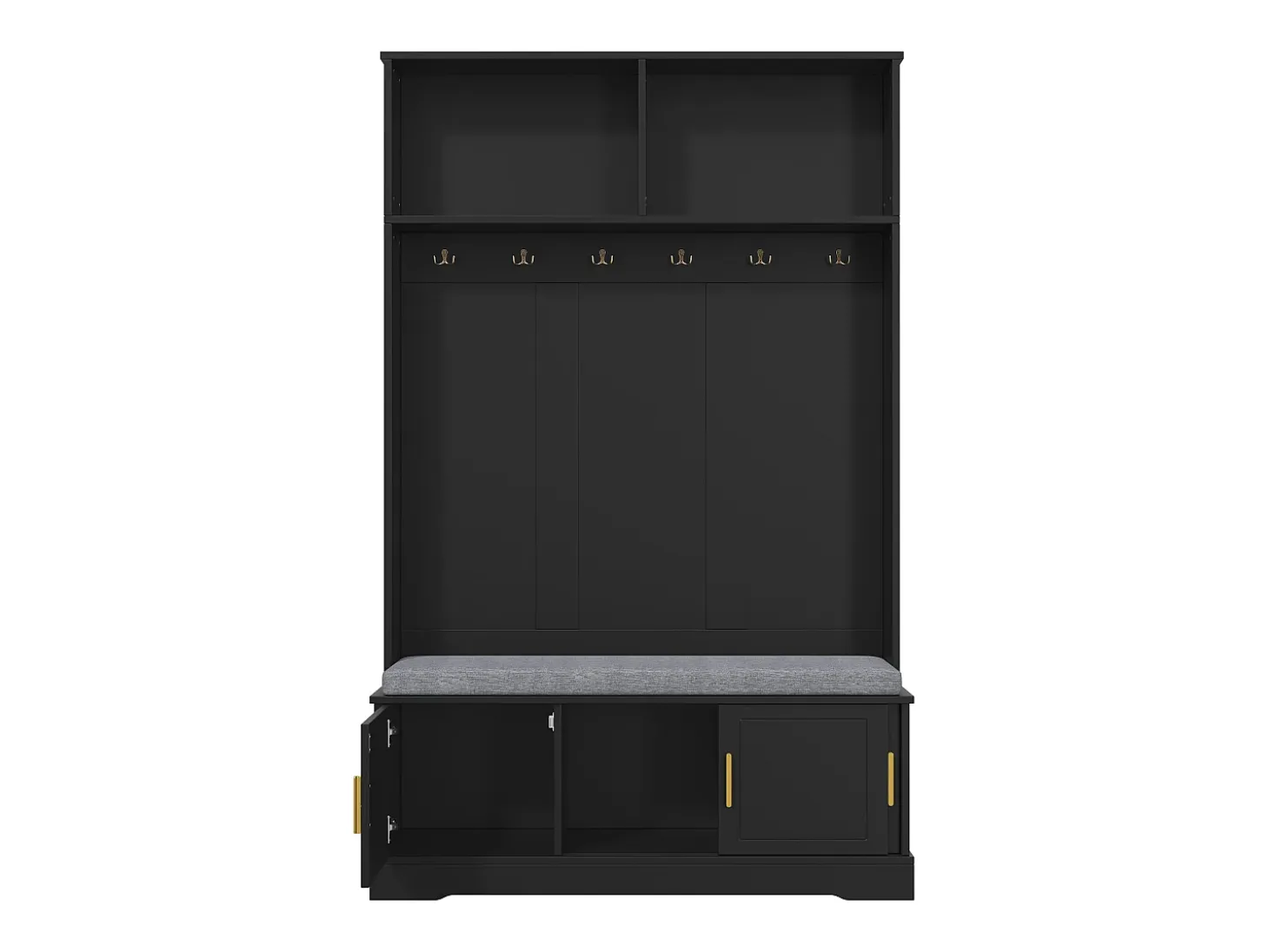 Perchero negro con banco zapatero, 6 ganchos y espacio de almacenamiento - Mueble de entrada compacto