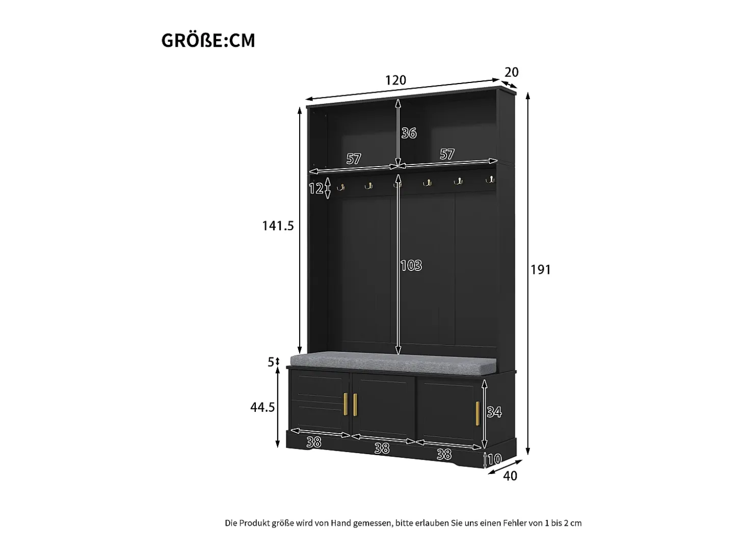 Perchero negro con banco zapatero, 6 ganchos y espacio de almacenamiento - Mueble de entrada compacto