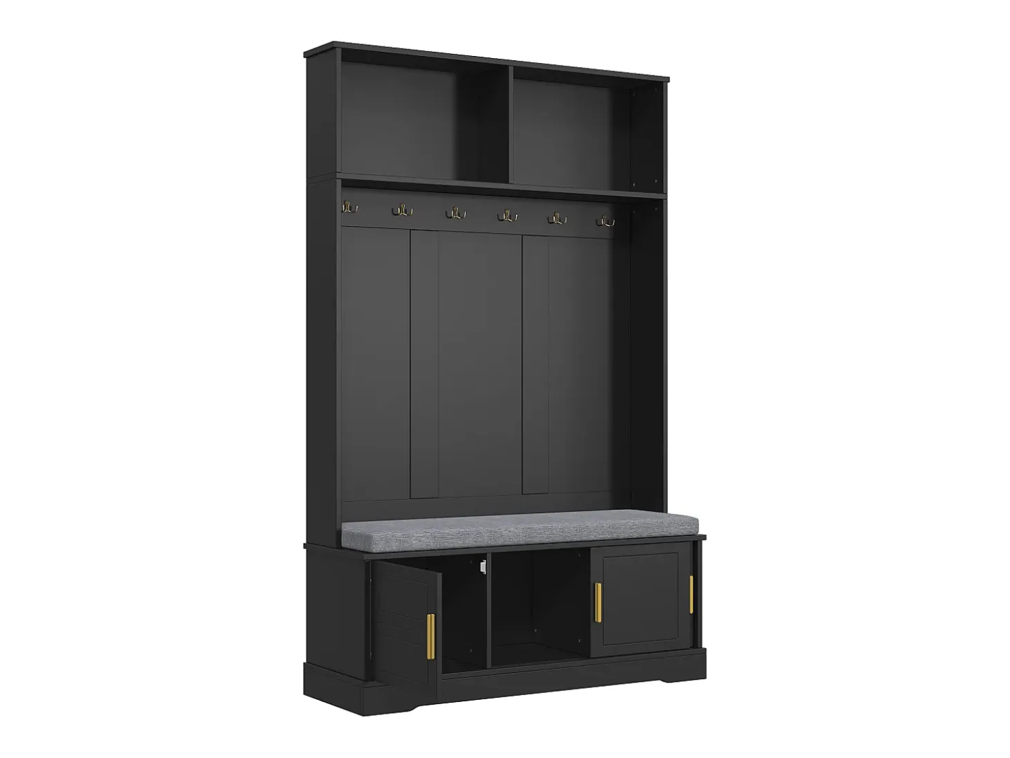 Perchero negro con banco zapatero, 6 ganchos y espacio de almacenamiento - Mueble de entrada compacto