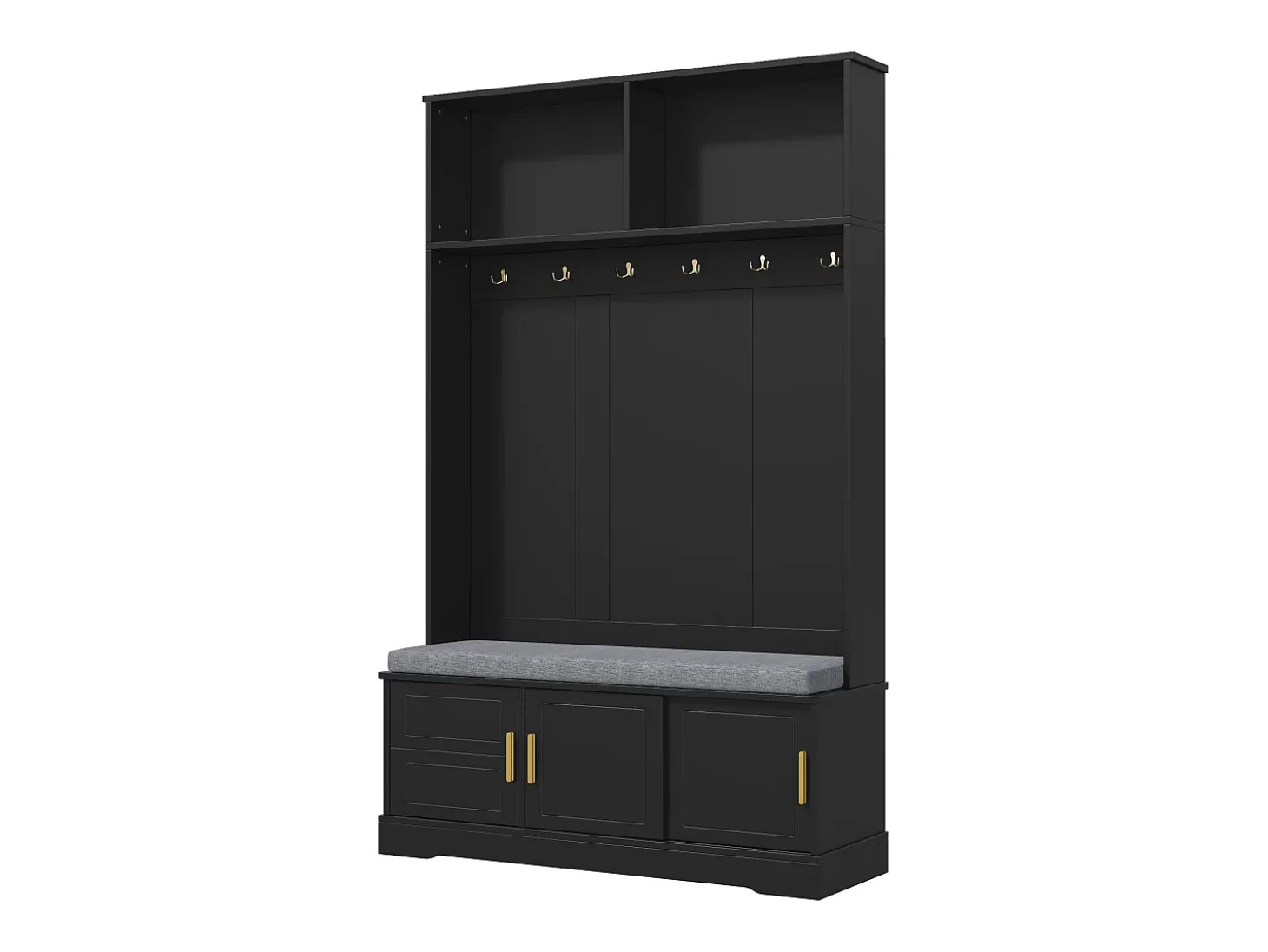 Perchero negro con banco zapatero, 6 ganchos y espacio de almacenamiento - Mueble de entrada compacto